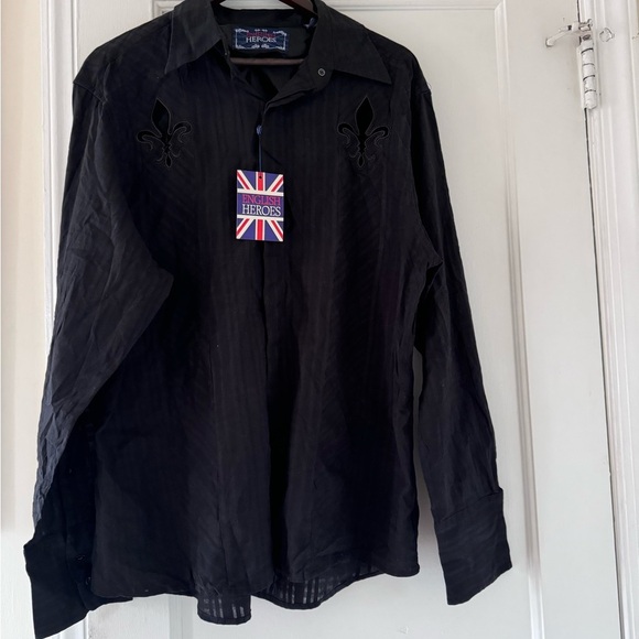English Heroes Fleur-de-Lis Embroidery Cotton Button Down Shirt Grunge Goth - Picture 2 of 16